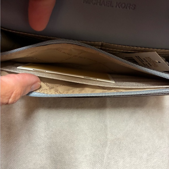 Michael Kors Blue and Brown Jet Set Travel clutch with strap. - Picture 6 of 9